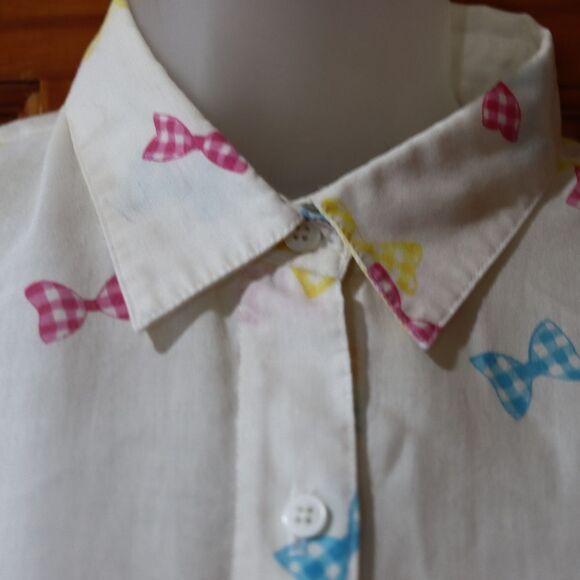 E.B. eccobay Vintage White Colorful Bow Print Button Down Shirt Large - Picture 11 of 16